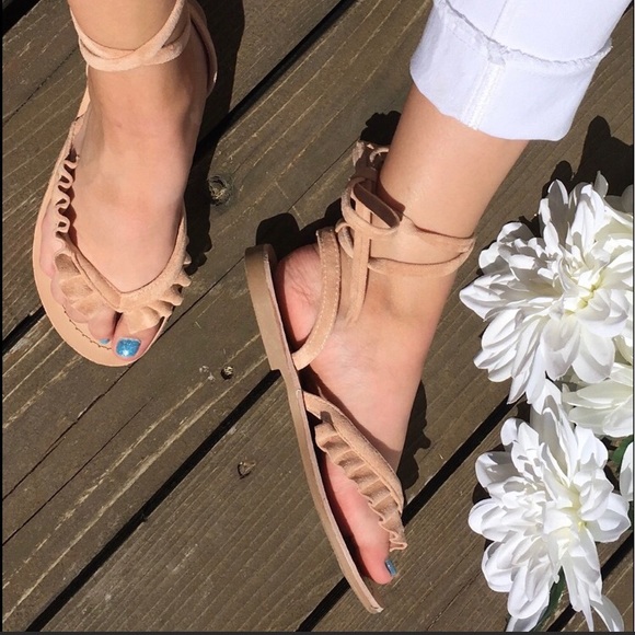 New. Nude Vegan Suede Wrap Sandal with Ruffle - Picture 7 of 7